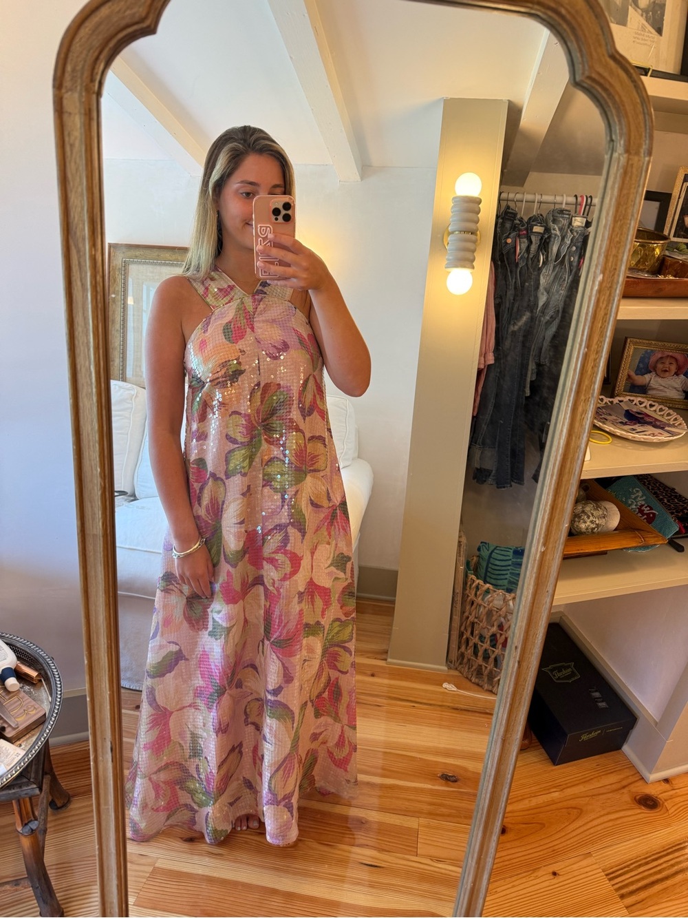 Sequin Floral Halter Maxi Dress in Pink, Green & Lavender